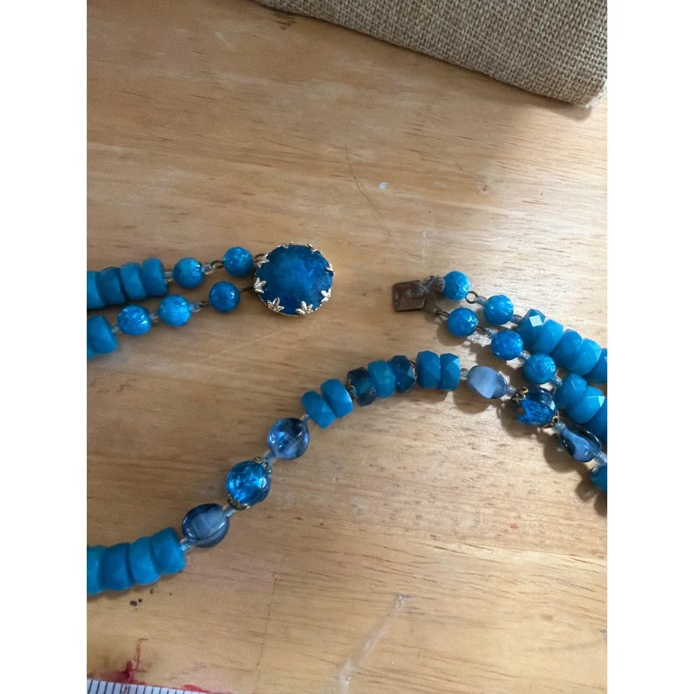 Blue Multi Tone Double Strand Beaded Necklace Vintage Style Gold Layering Boho
